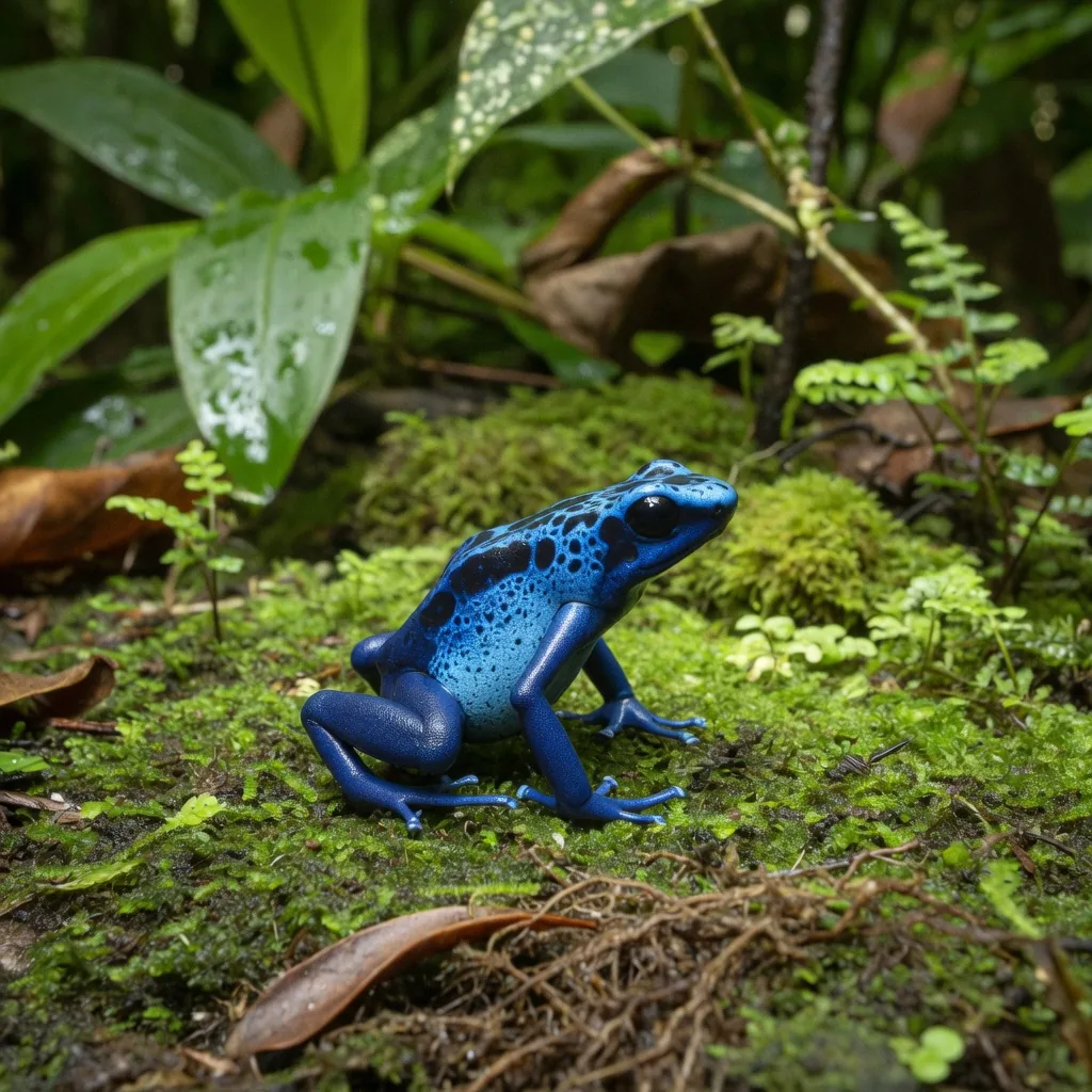 A vivid blue poison dart frog (Dendrobates tinctorius azureus) on mossy ground