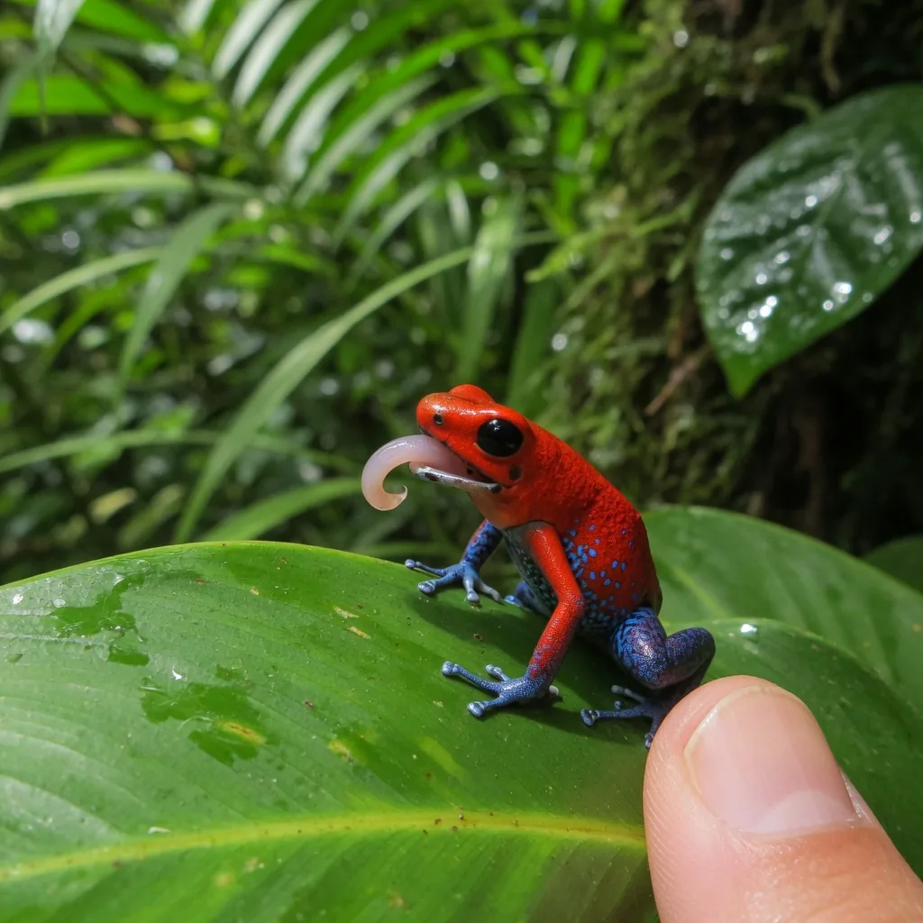 A small strawberry poison dart frog perched on a leaf, showing its tiny size