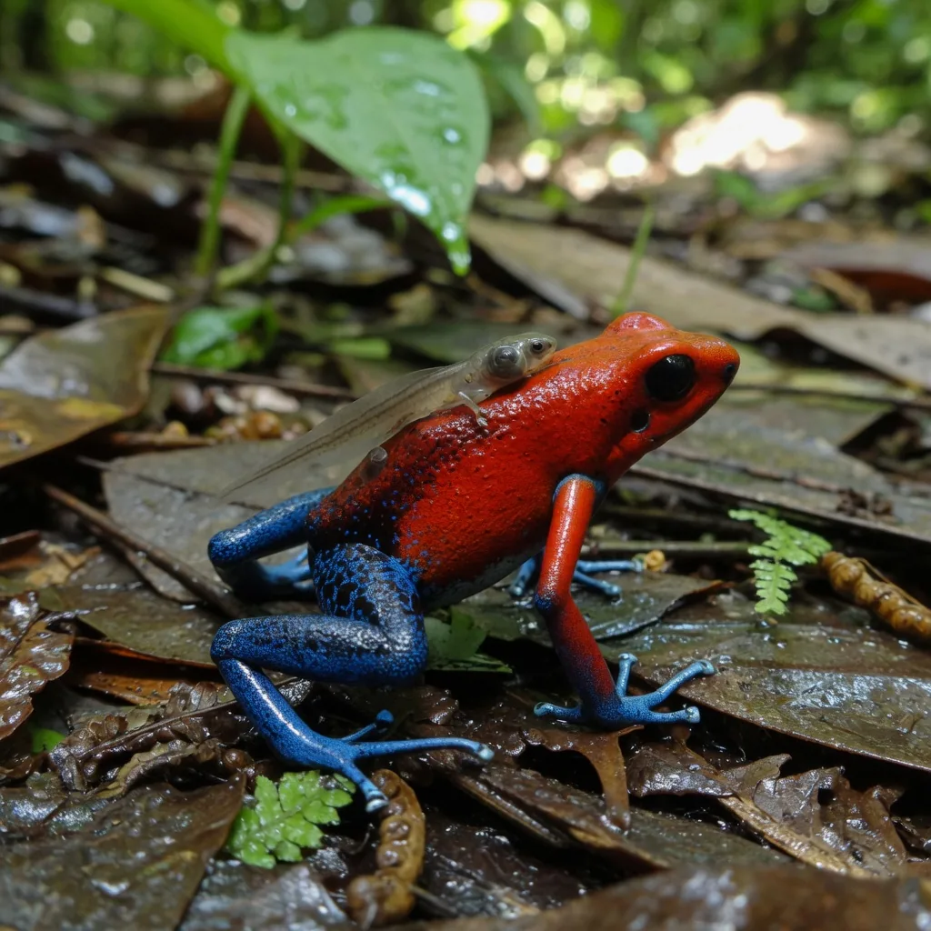 A male poison dart frog carrying tadpoles on his back through leaf litter