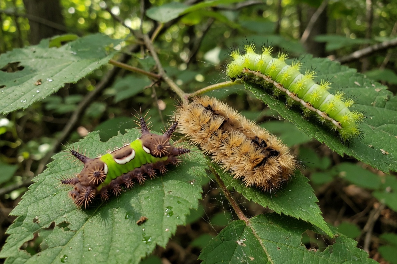 Three distinct caterpillars with varying textures and colors resting on green leaves.