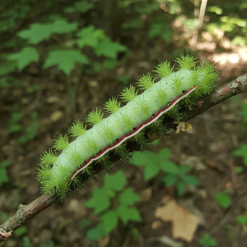 Io moth caterpillar with light-green body, red and white side stripe, and clusters of branched black-tipped green spines