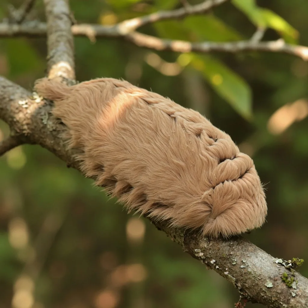 Puss caterpillar covered in a dense woolly coat of soft brown hair, venomous spines hidden beneath