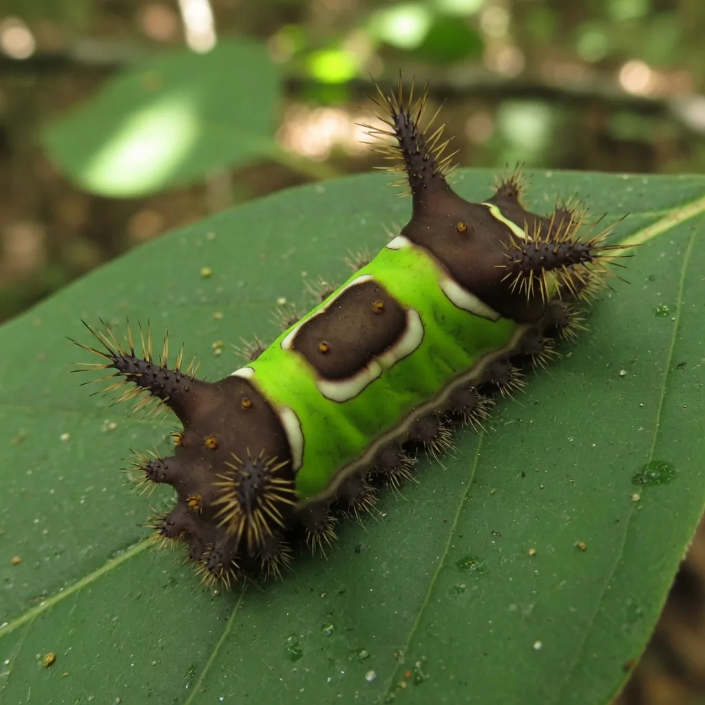 Saddleback caterpillar on a leaf, showing its vivid green saddle on a dark brown body with spine-covered horns