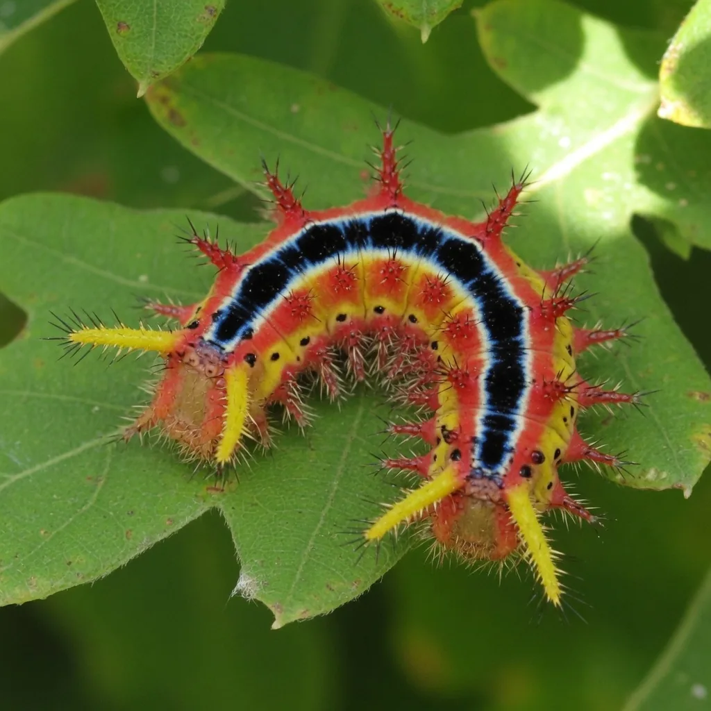 Stinging rose caterpillar on a leaf, yellow-to-red body with red and blue-striped spines and yellow horns at front, center, and rear
