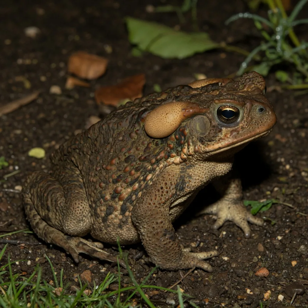 A large warty cane toad (Rhinella marina) sitting on damp soil, with visible parotoid glands behind its eyes
