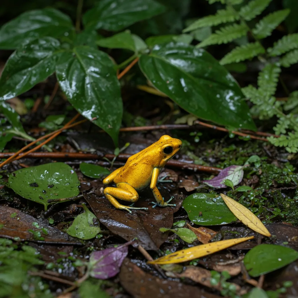 A golden poison frog (Phyllobates terribilis) with brilliant gold skin on dark rainforest floor