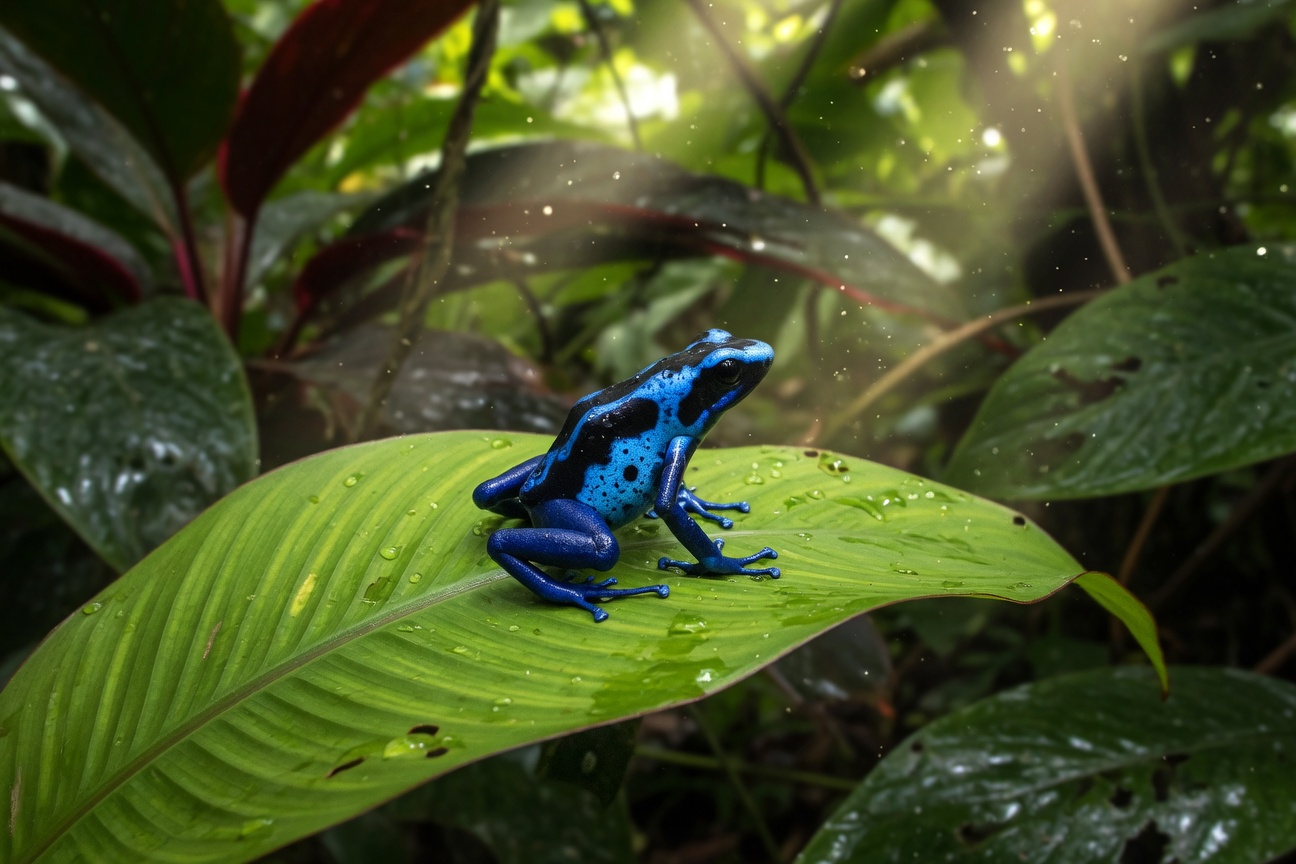 A bright blue poison dart frog with black markings sits on a large green leaf in a sunlit jungle.
