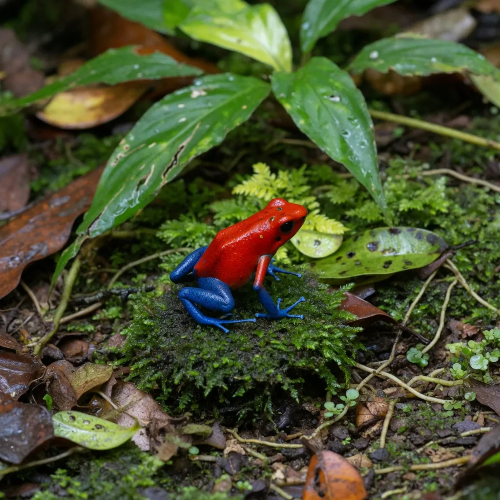 A strawberry poison dart frog (Oophaga pumilio) in vivid red and blue, perched on mossy rainforest floor in Costa Rica