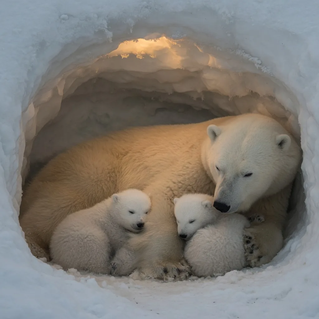Polar bear mother and cubs inside a snow den