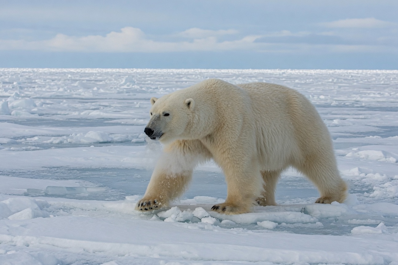 A polar bear walks across a vast expanse of sea ice and snow under a cloudy sky.