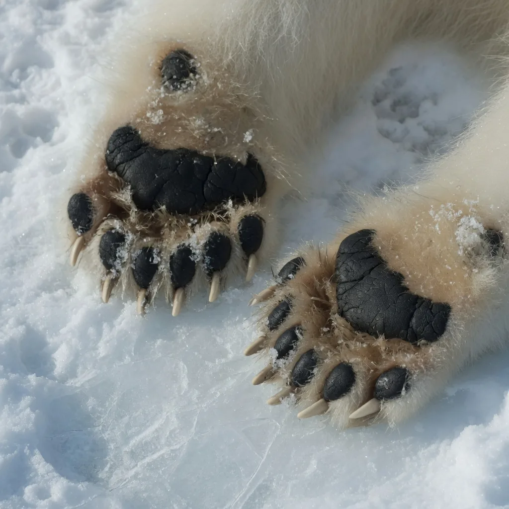 Close-up of polar bear paw pads and claws on ice