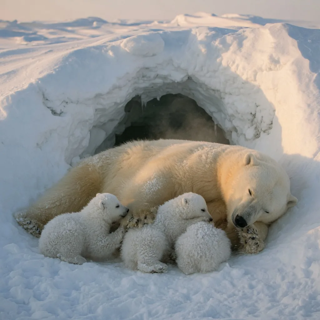 A polar bear mother nursing two tiny white cubs in a snow den
