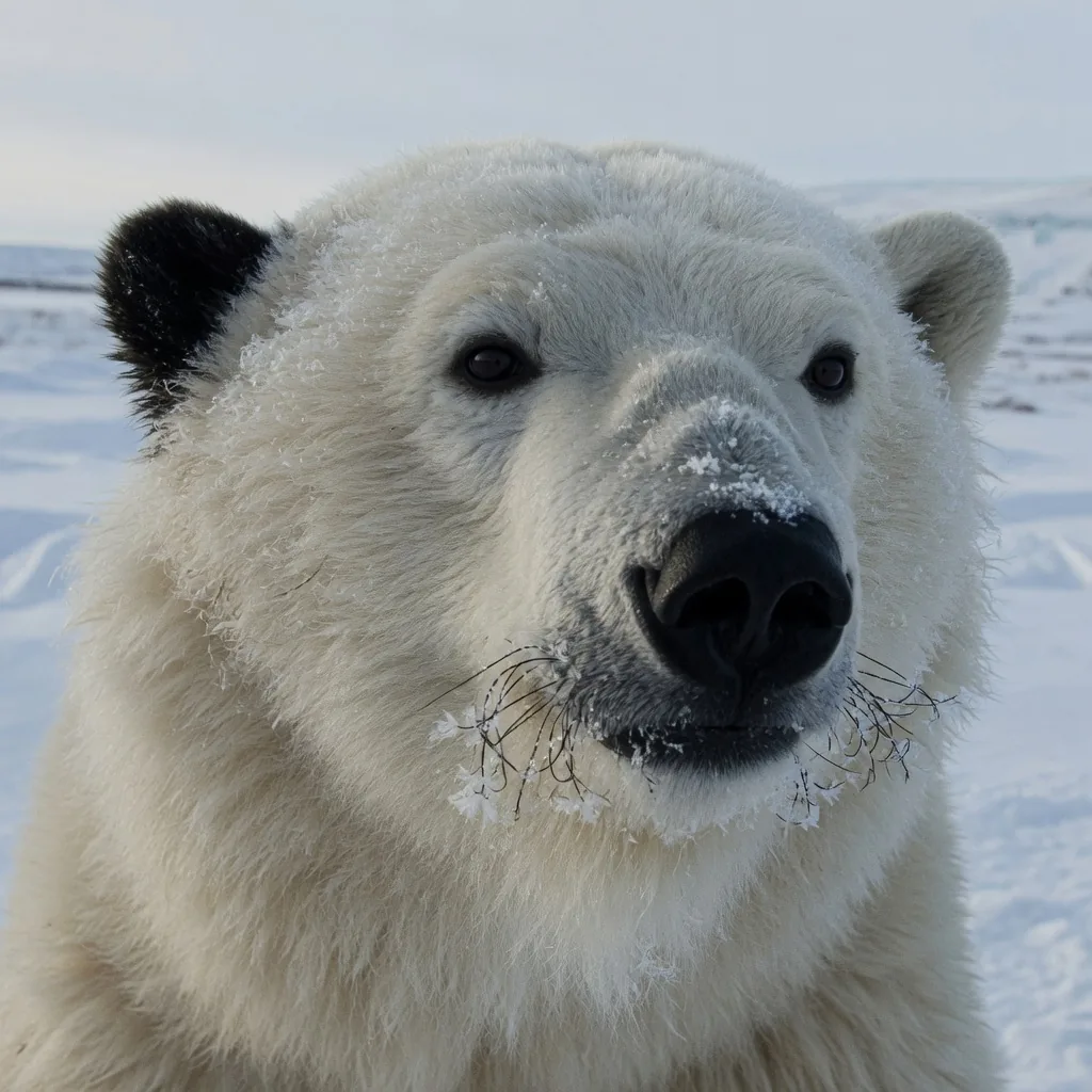 Close-up of a polar bear's face showing thick white fur with ice crystals