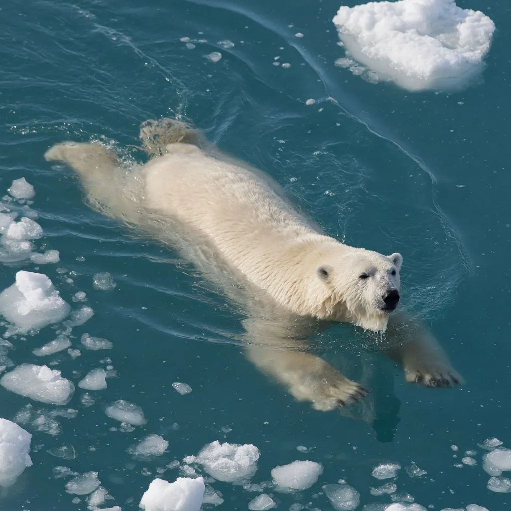 A polar bear swimming powerfully through icy Arctic ocean waters