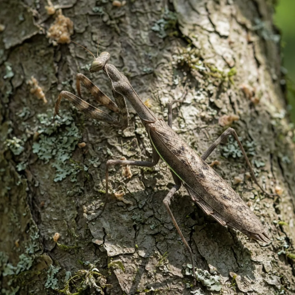 A brown bark praying mantis camouflaged against tree bark