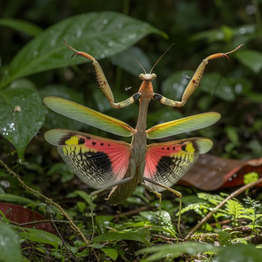 A praying mantis in full defensive display with wings spread