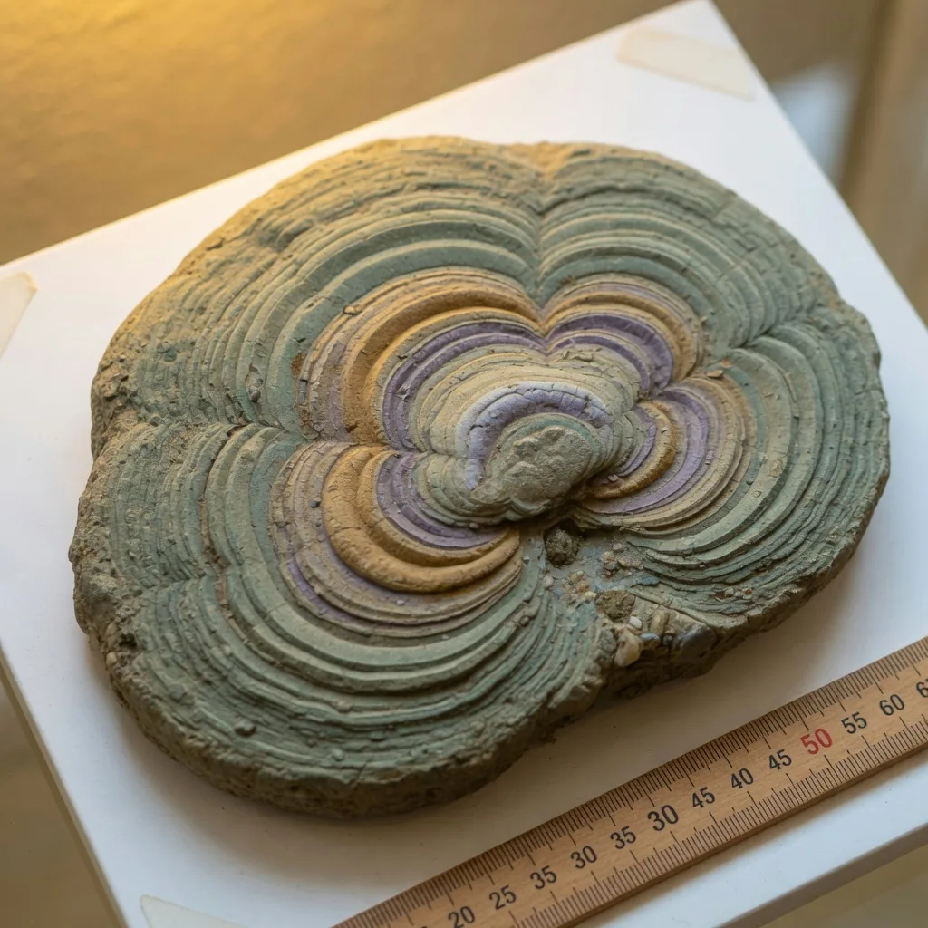 Cross-section of a stromatolite fossil showing layered concentric rings of ancient blue-green algae compressed into rock
