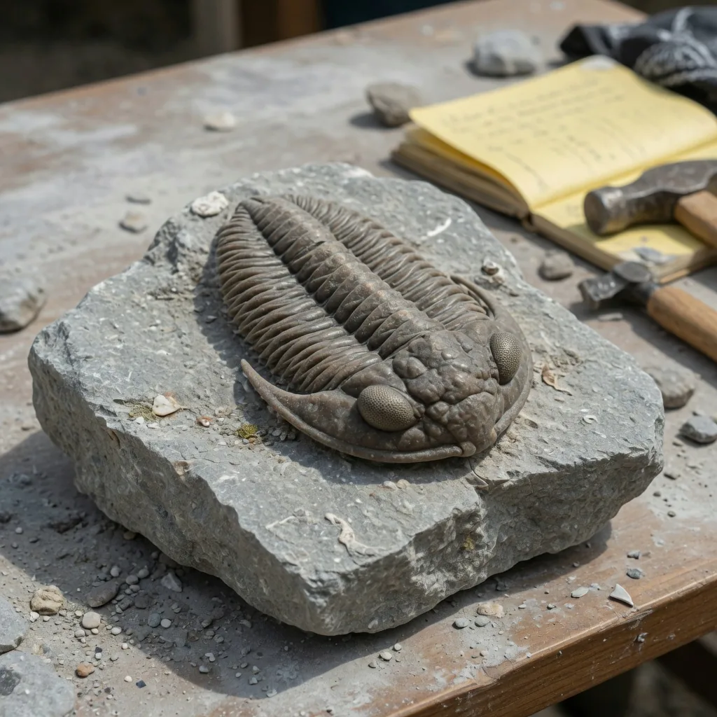 A trilobite fossil embedded in gray limestone rock, showing segmented exoskeleton and compound eyes