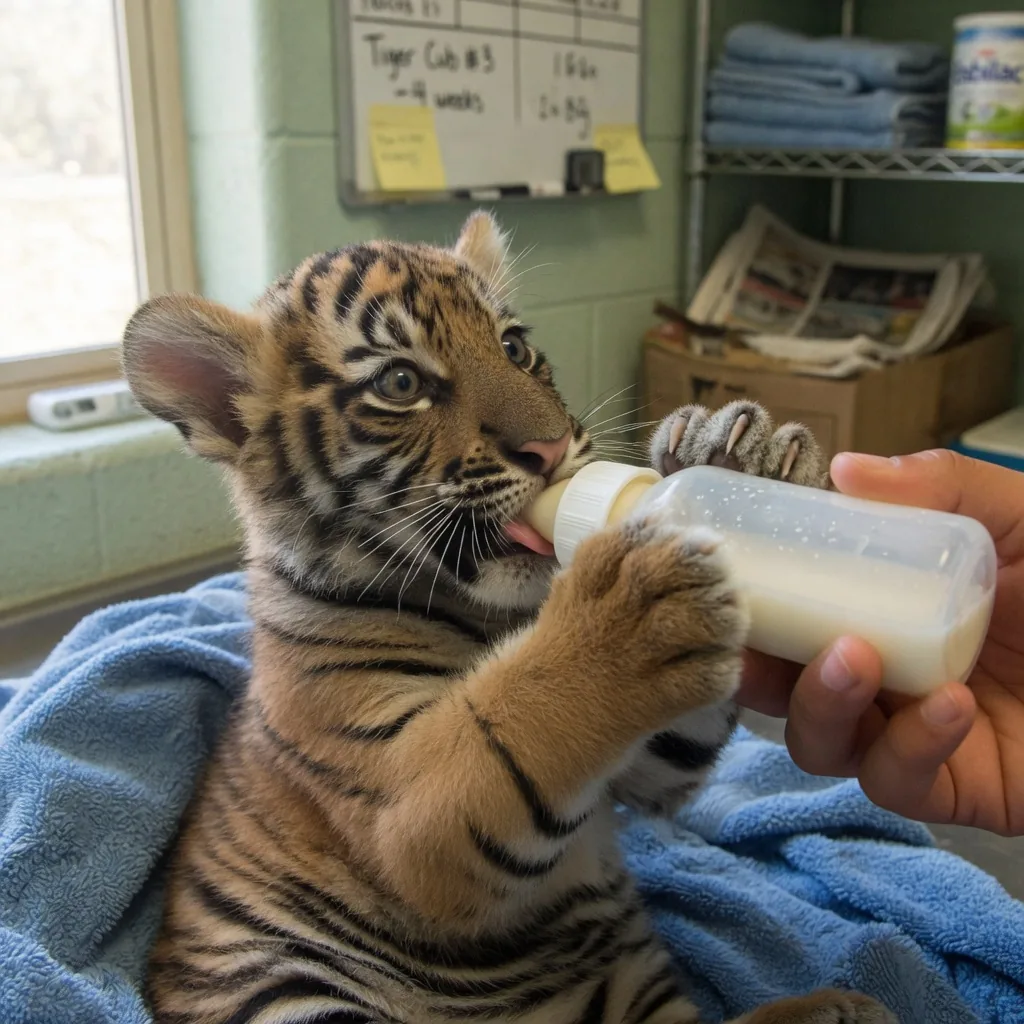 An adorable tiger cub being bottle-fed milk by a human hand