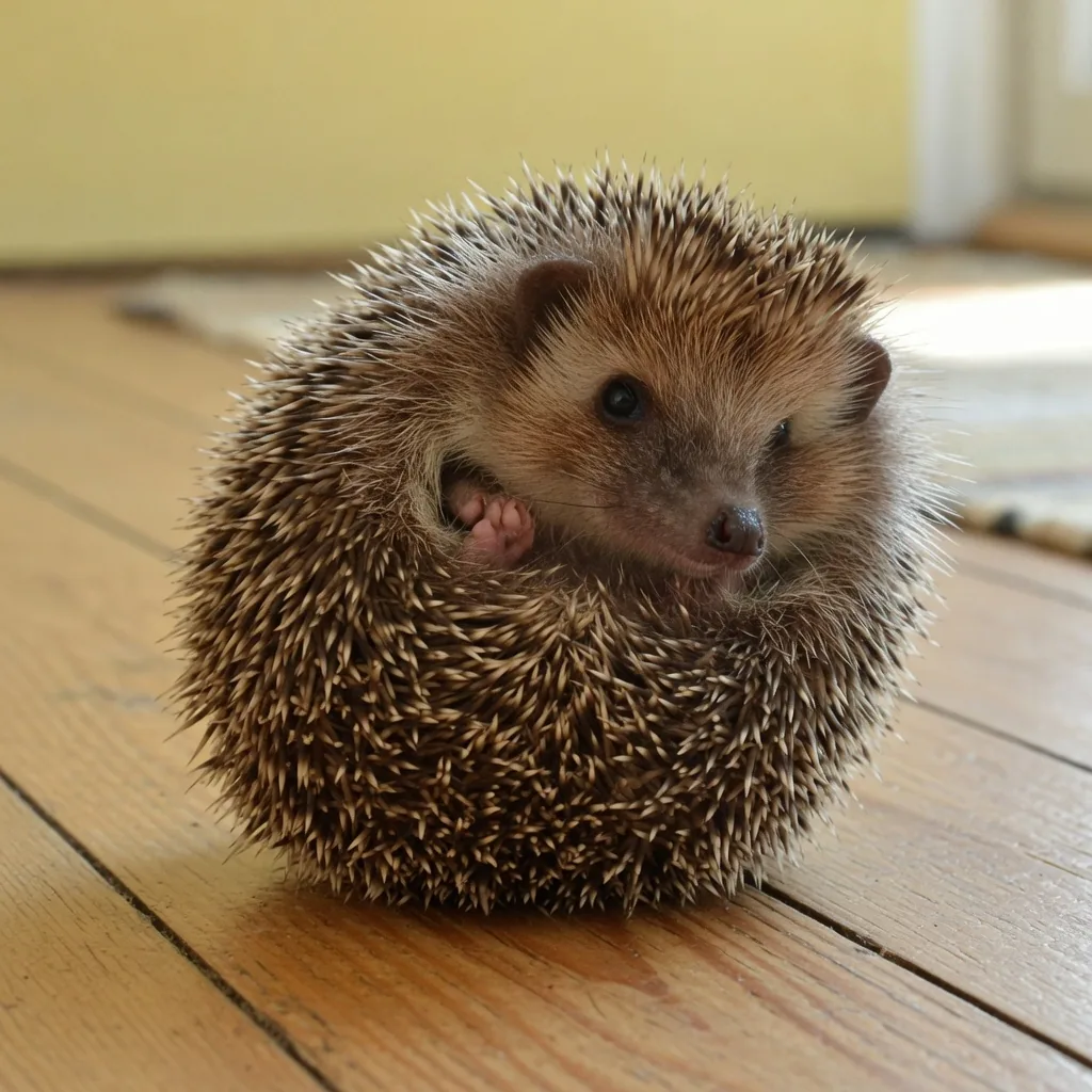 A small wild hedgehog with bristly brown-and-cream spines on a wooden floor indoors
