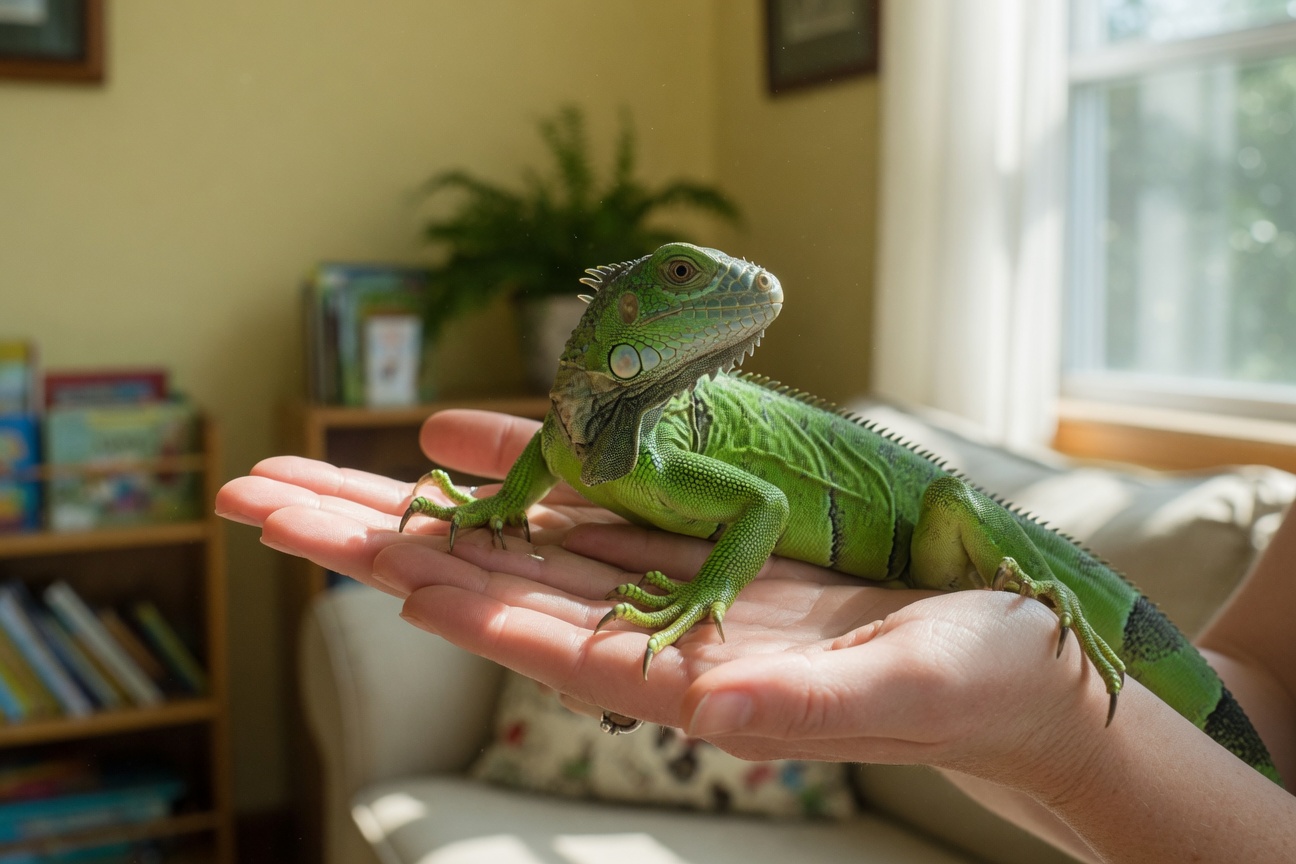 A green iguana rests on a person's cupped hands in a living room.
