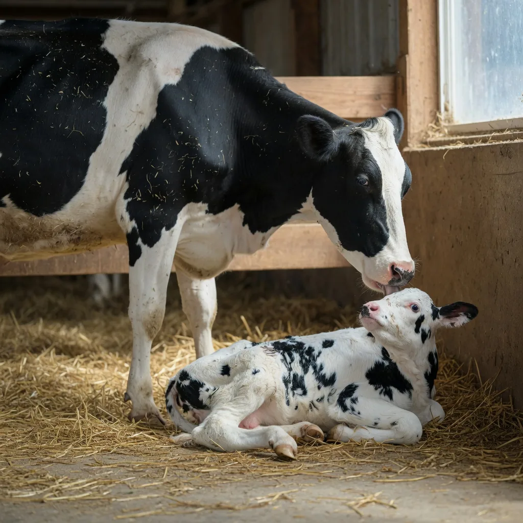 A Holstein dairy cow standing beside her newborn calf on straw in a barn.