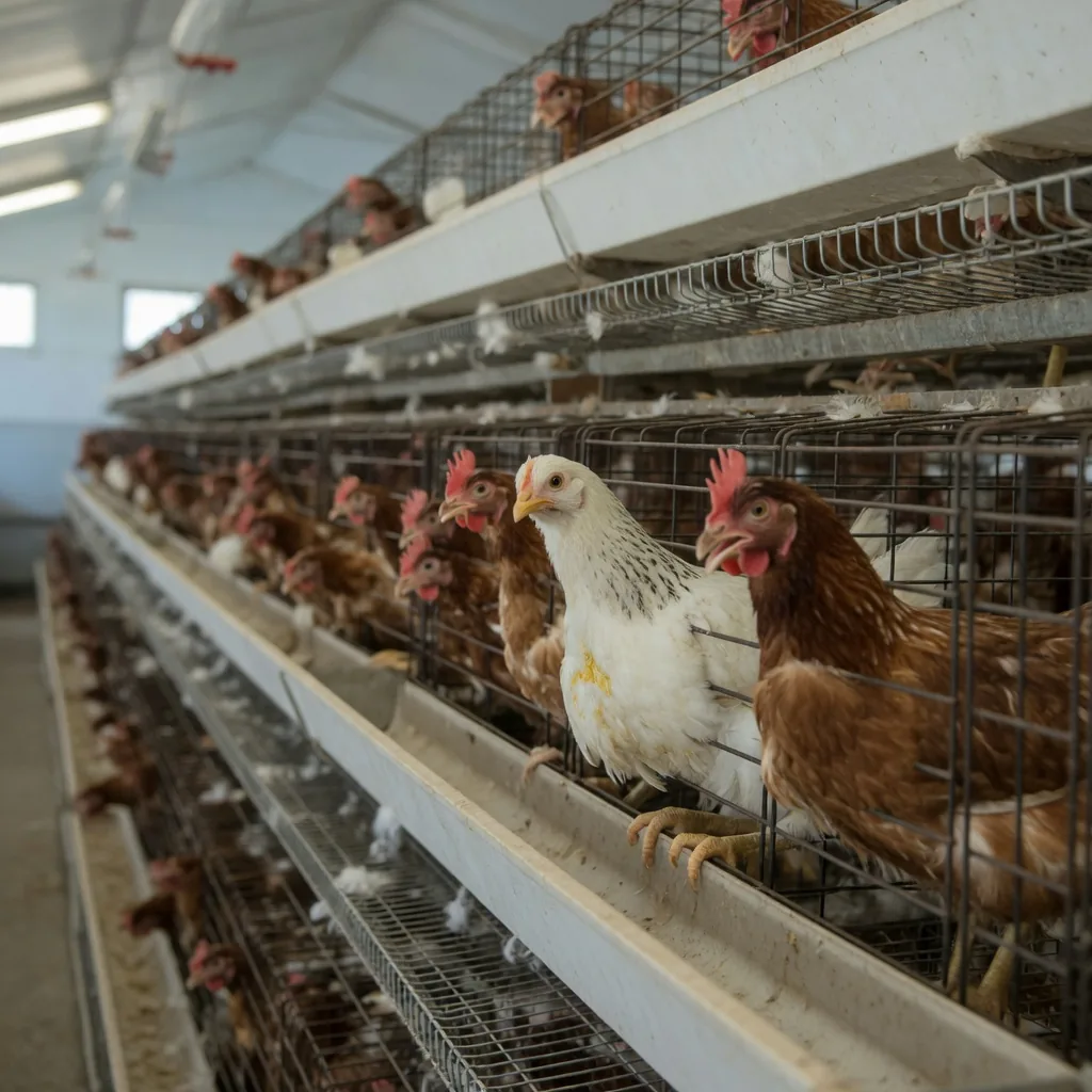 Rows of laying hens in stacked wire cages inside a commercial egg barn.