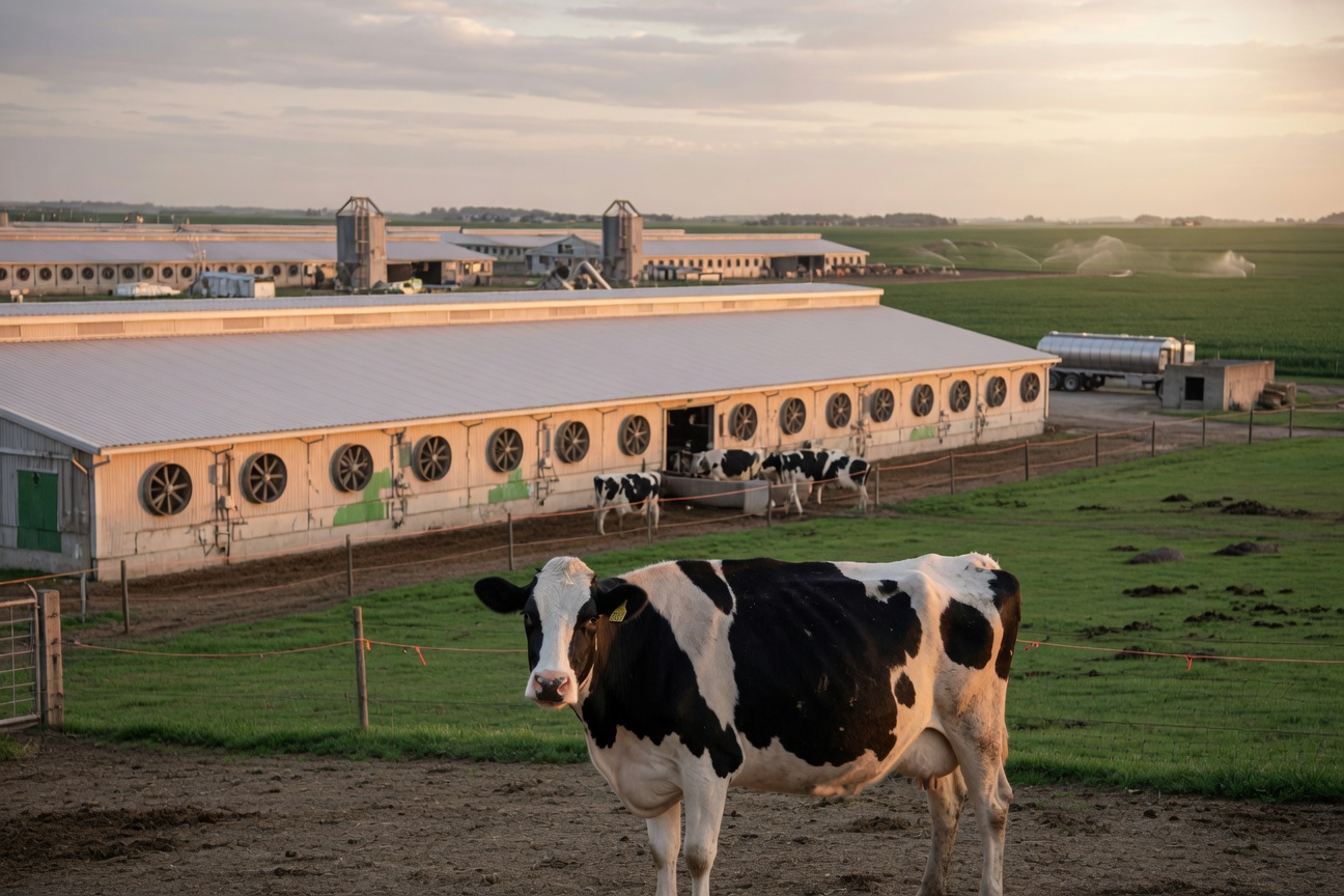 A black and white cow stands in the foreground with a large industrial dairy barn and silos behind it.