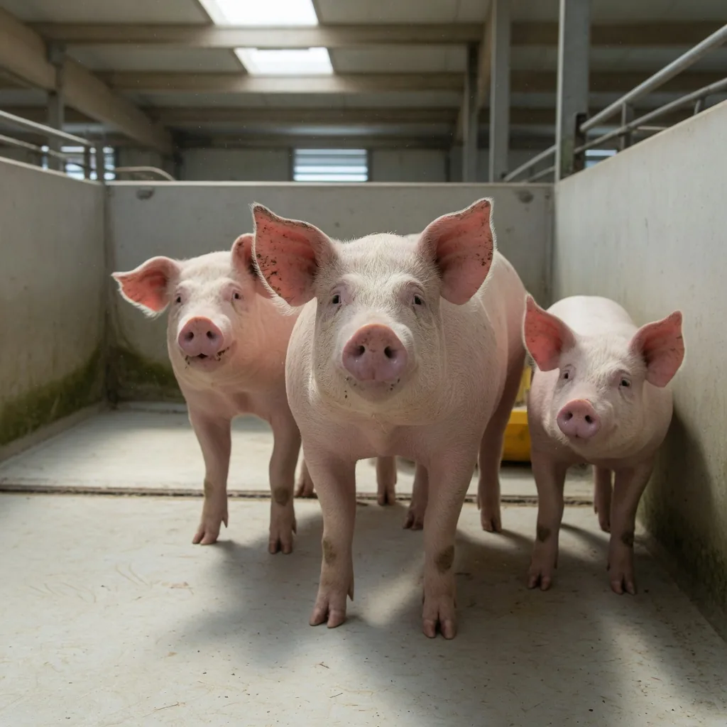 Pink domestic pigs standing in an indoor pen at a commercial pig farm.