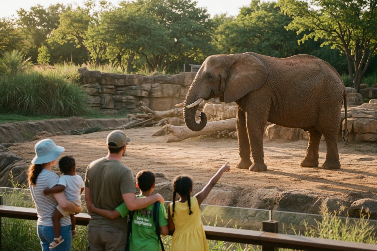 A family watches an African elephant in a rocky enclosure while a child points at the animal.