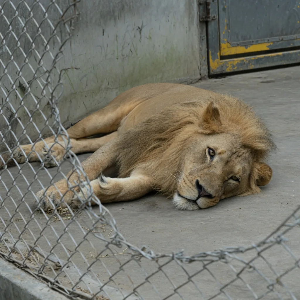 A lion lying on a bare concrete floor behind the wire fence of an older zoo enclosure