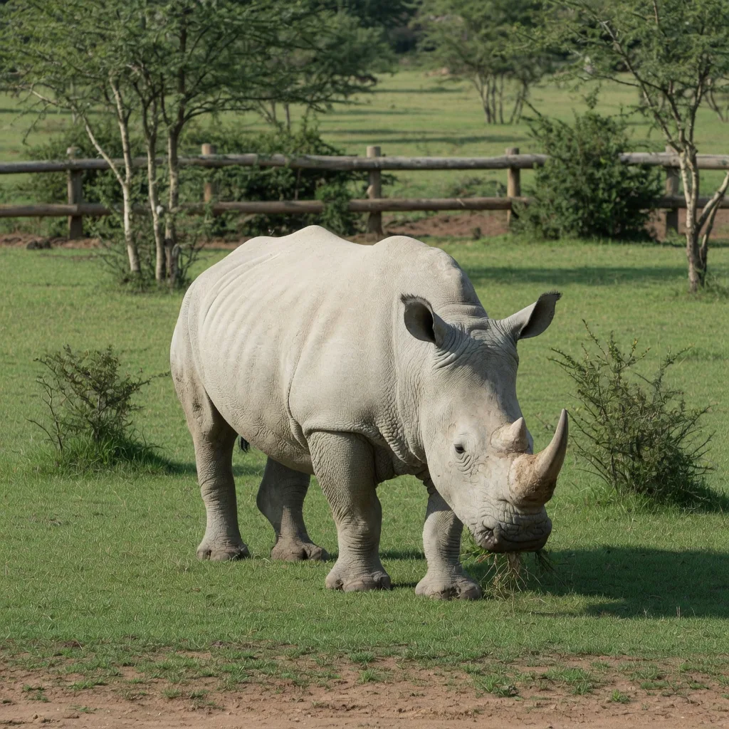 A healthy white rhinoceros grazing in a spacious grassy wildlife-park enclosure