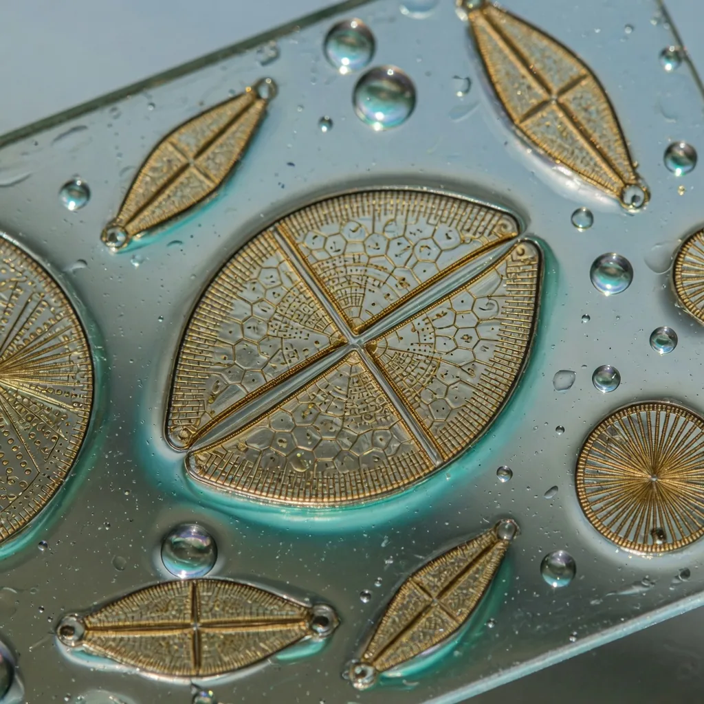 Golden-brown diatoms under a microscope, showing their intricate two-part silicon glass shells and geometric patterns.