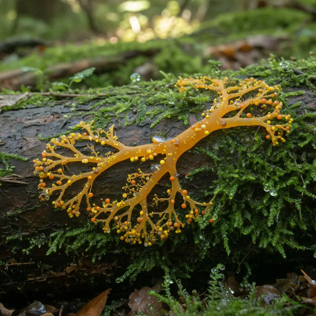 Bright orange-yellow slime mold creeping across a damp mossy log in a forest, showing its branching network of tiny spore nodes.