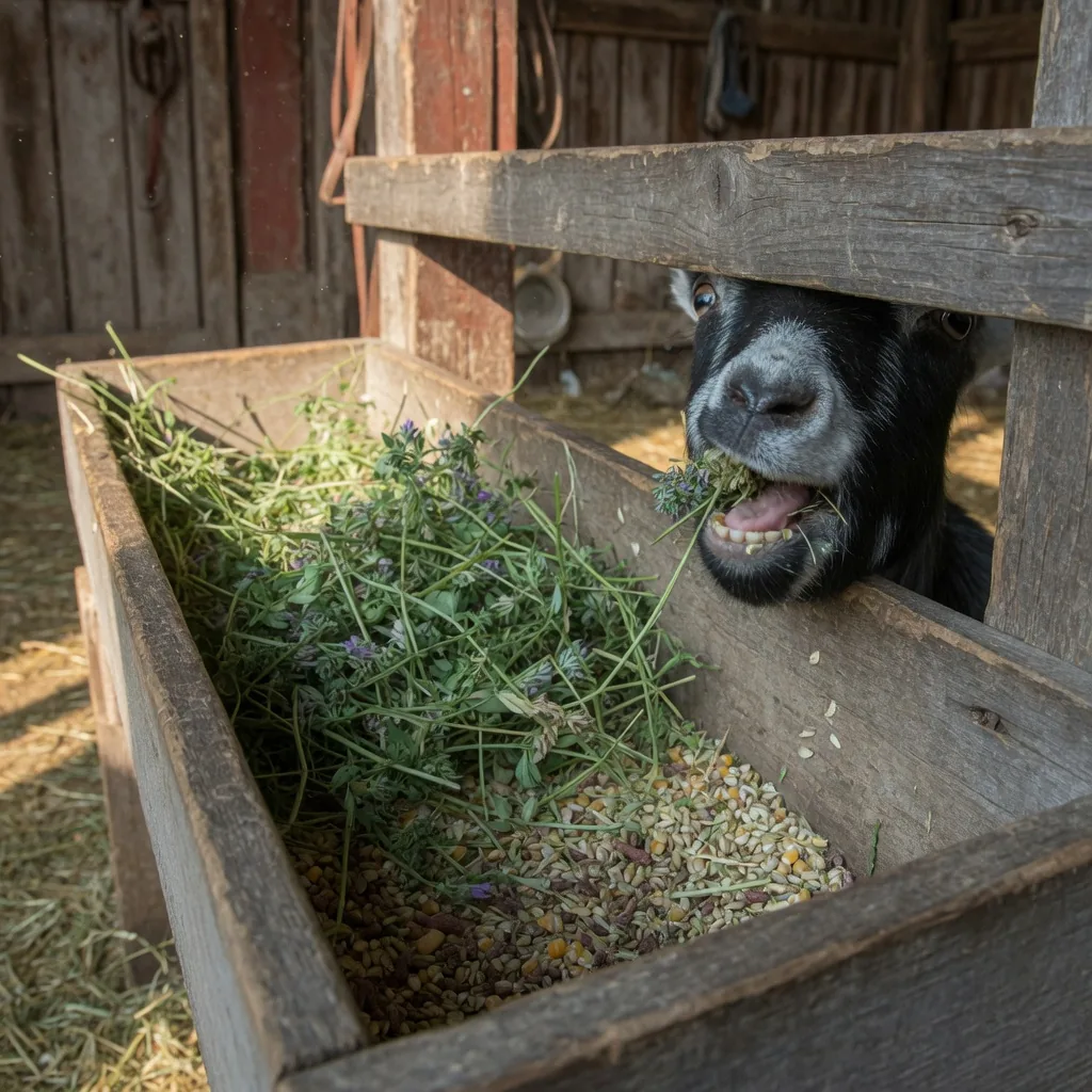 A wooden feeding trough with fresh alfalfa hay and grain for a pygmy goat