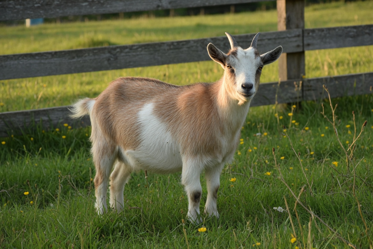 A brown and white pygmy goat stands in a grassy field near a wooden fence.