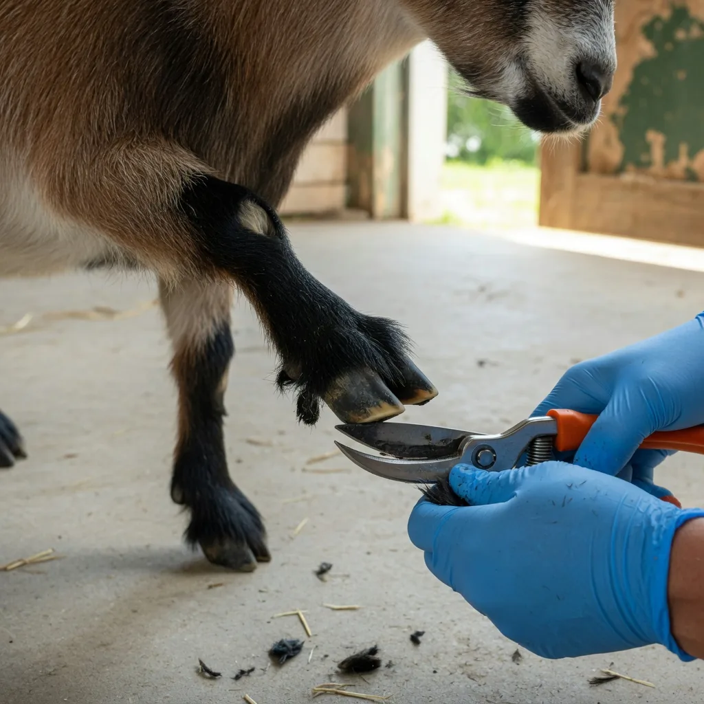 Close-up of a pygmy goat hoof being trimmed with hoof shears by a caretaker wearing gloves