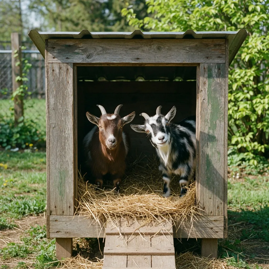 A small wooden goat shed with raised platform floor and two pygmy goats peeking out the doorway