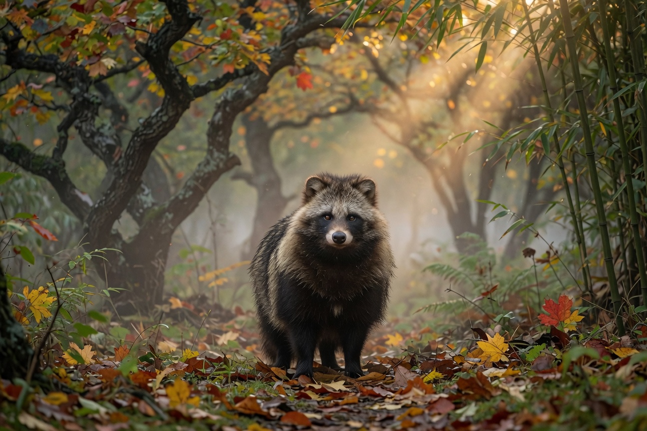 A raccoon dog stands on a leaf-strewn forest path with sunlight filtering through the autumn trees.