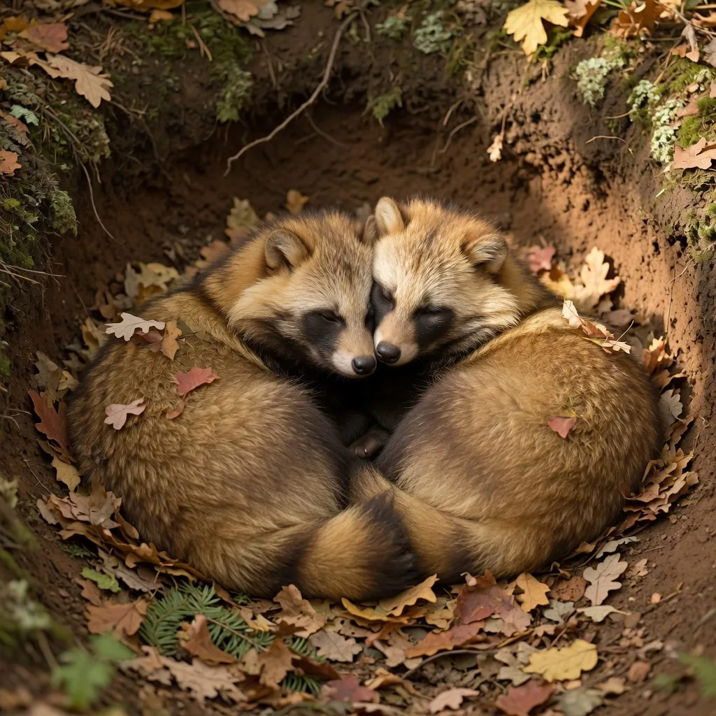 Two raccoon dogs resting together in a woodland den, showing monogamous pair bond