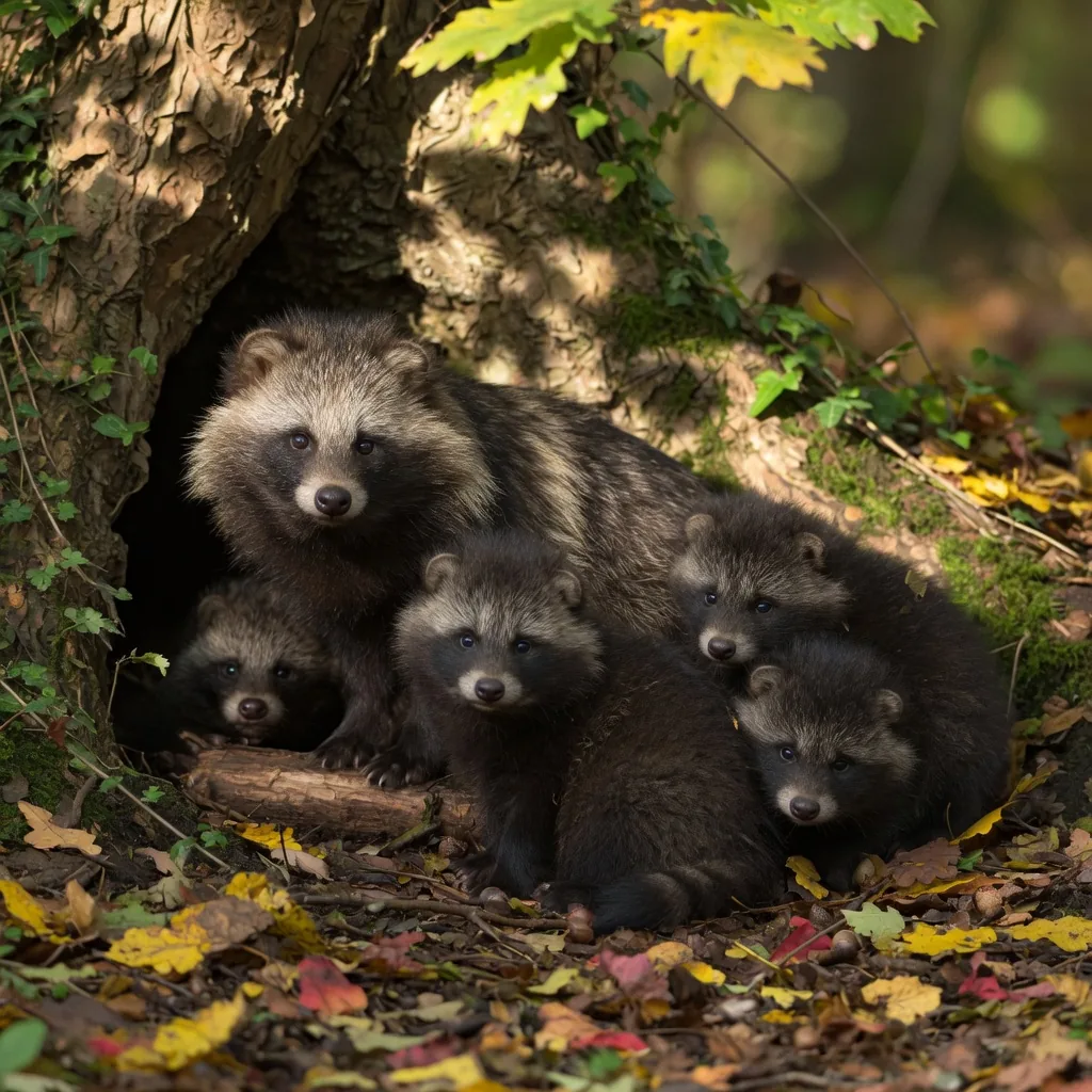 Raccoon dog mother with pups emerging from their woodland den
