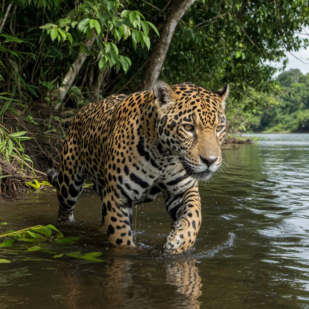A jaguar wading through an Amazon river, showing its spotted coat and powerful build