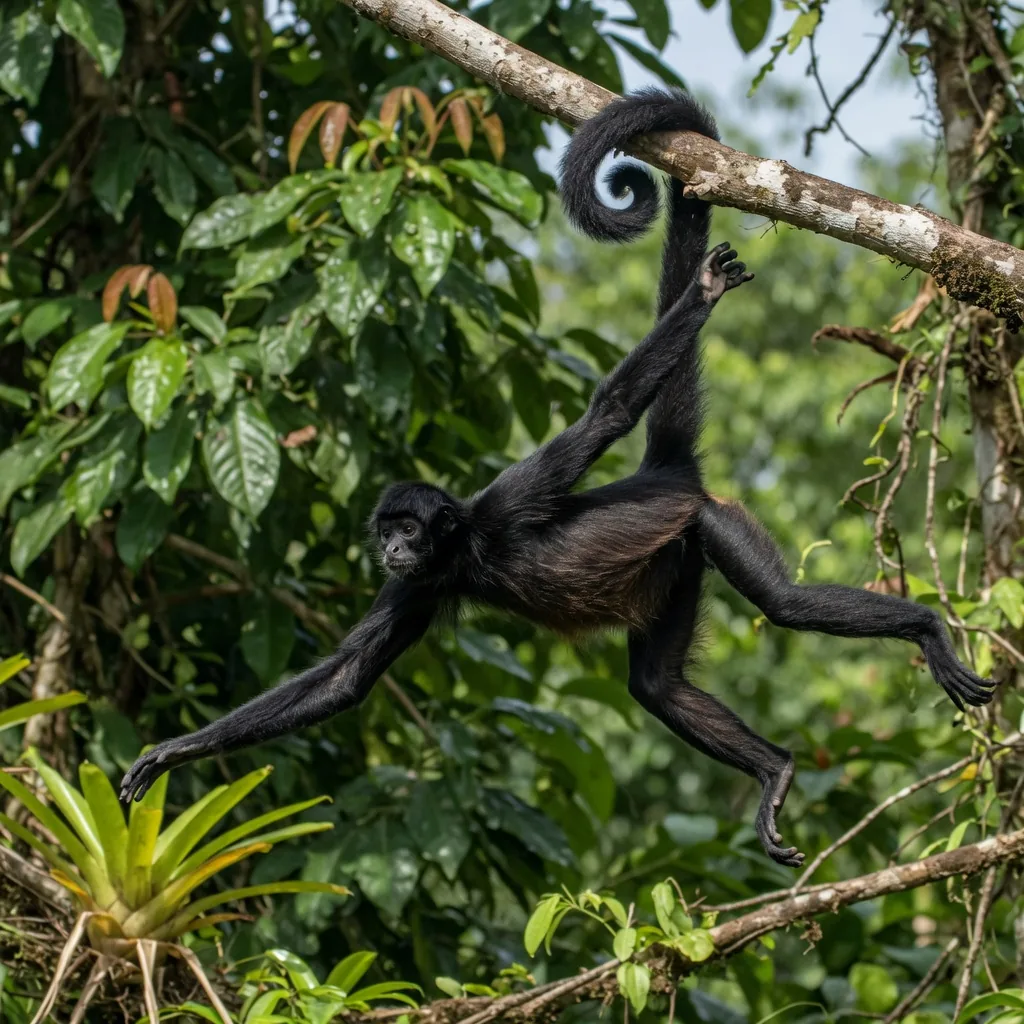 A spider monkey suspended by its prehensile tail from a rainforest canopy branch, arms extended