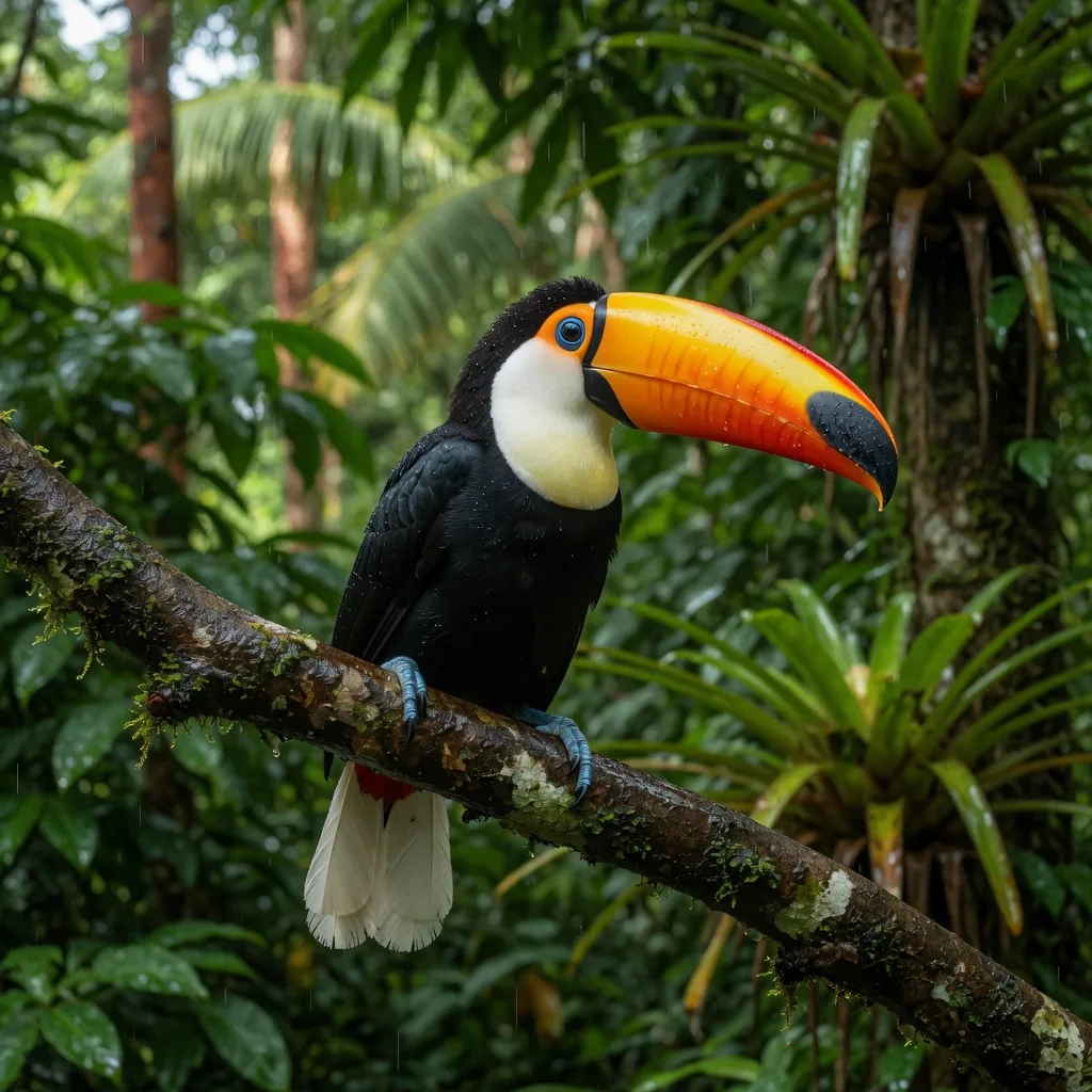 A Toco toucan perched on a rainforest branch in Eastern South America, showing its enormous bright orange bill