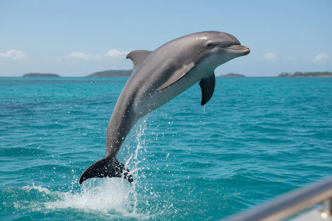 Bottlenose dolphin leaping out of turquoise ocean water near tropical islands
