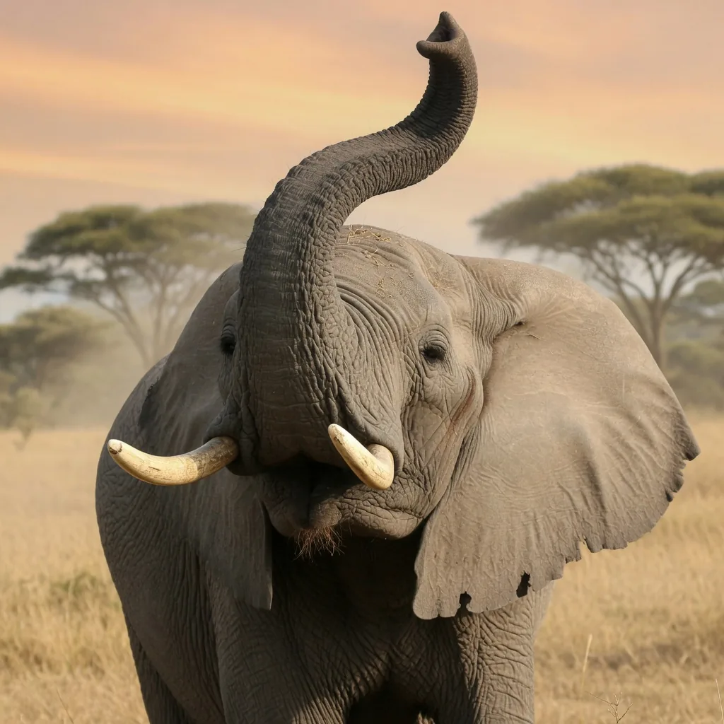 African elephant with large wrinkled trunk raised, ivory tusks visible against savanna sky