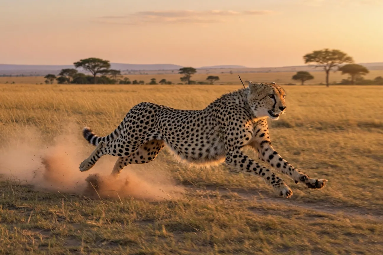 Cheetah sprinting across the African savanna at golden hour, dust kicked up mid-stride
