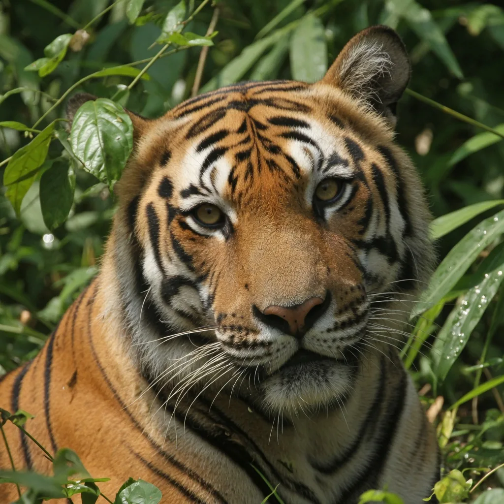 Close-up portrait of a Bengal tiger showing its bold black stripes and intense amber eyes