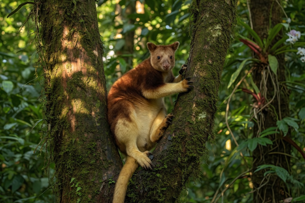 A tree kangaroo with reddish-brown fur clings to a mossy tree trunk in a lush green forest.