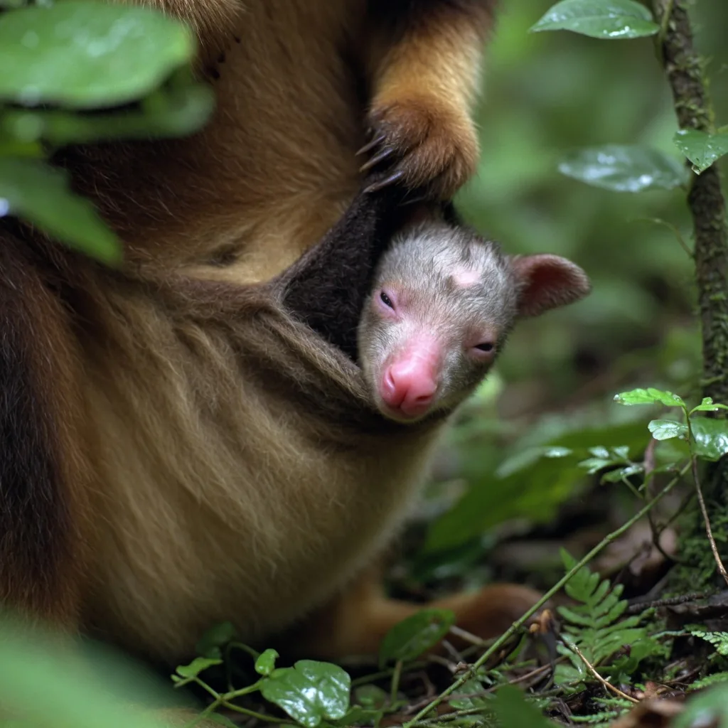 Newborn tree kangaroo joey emerging from its mother's pouch in a Queensland rainforest